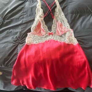 Victoria's Secret Red Satin Chemise with Cream Lace